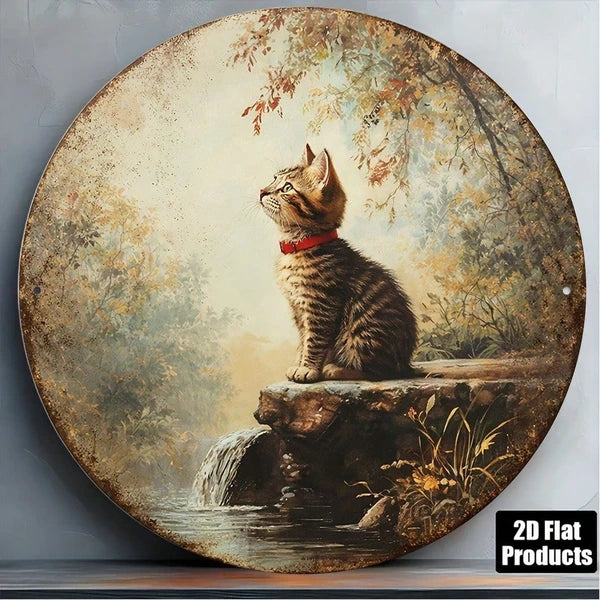 Vintage Tabby Cat Wall Art - Round Metal Plaque 20cm