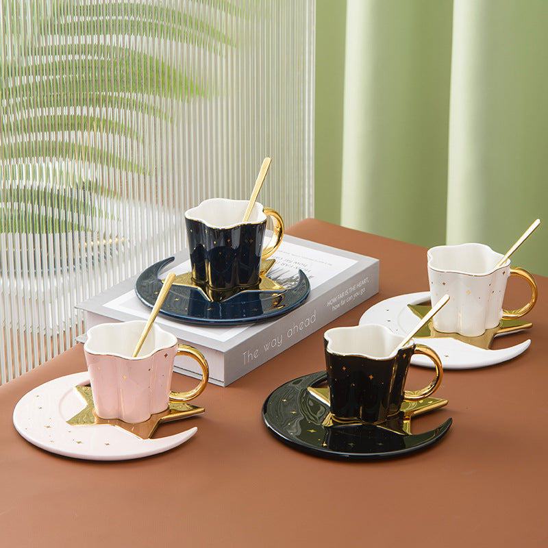 Ceramic Cup Set with Star and Moon Saucer - 4 Colors