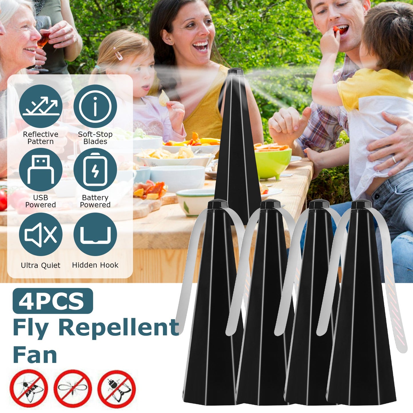 4-Pack Battery & USB Powered Fly Table Fans for BBQ & Camping