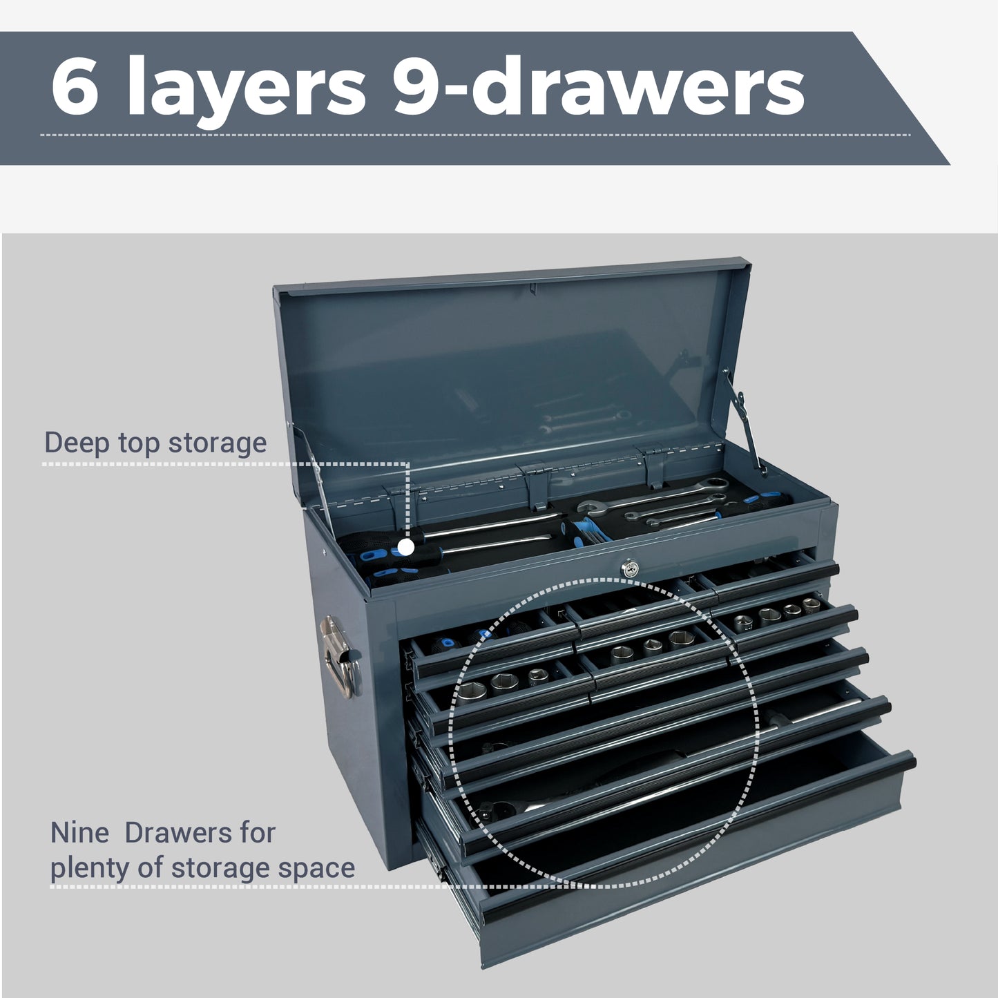 Heavy Duty Metal Tool Box 24 Inch with 9 Drawers & Locking System – Portable Steel Storage Chest