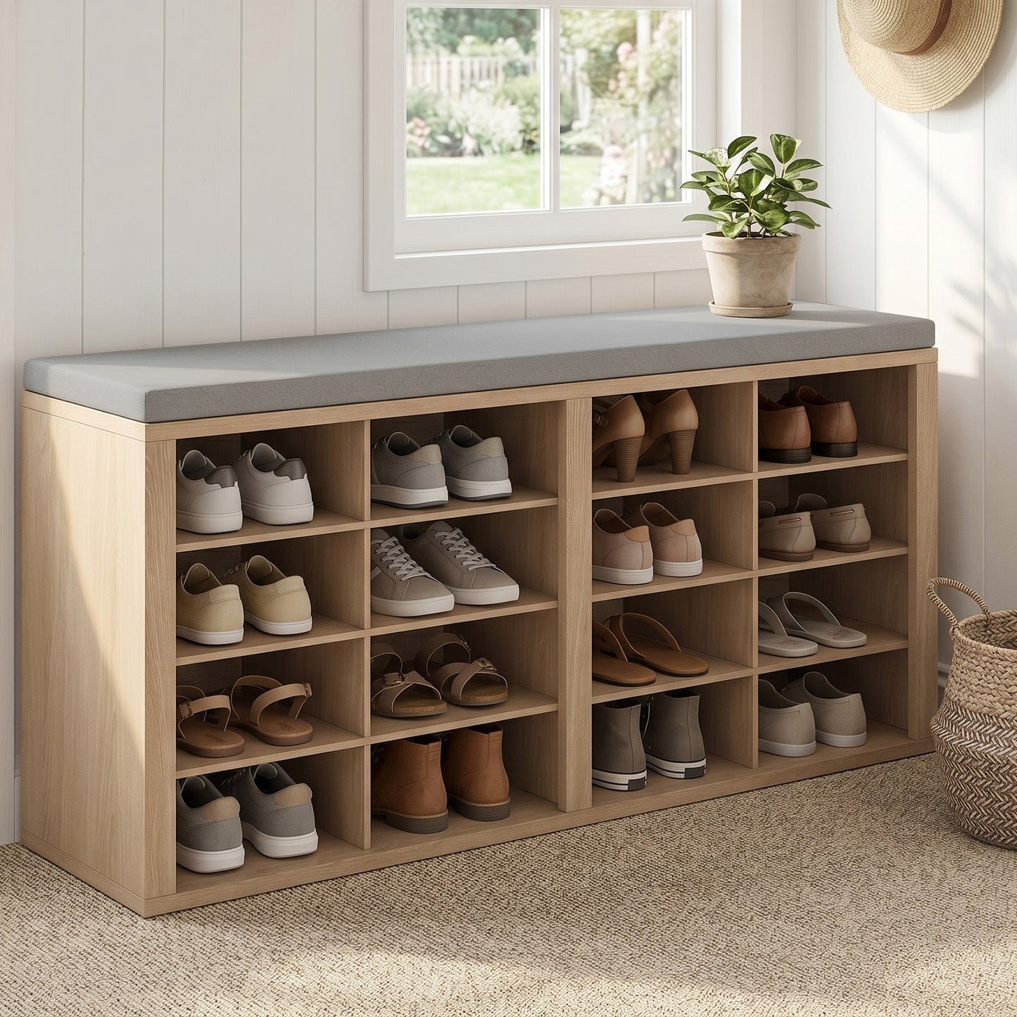 Shoe Storage Bench With Cushion 16 Cubby Rack Multifunctional