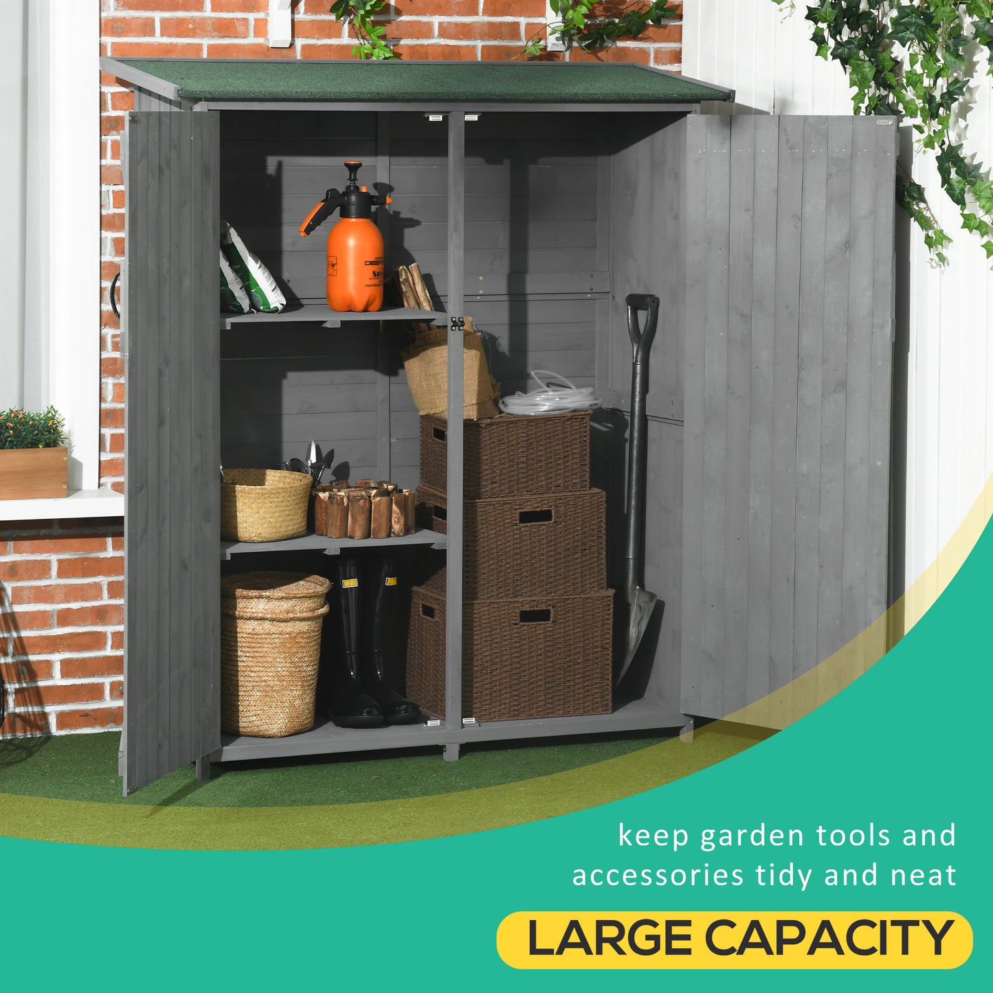 Outdoor Wooden Garden Storage Shed with Lockable Doors and Waterproof Asphalt Roof - Gray