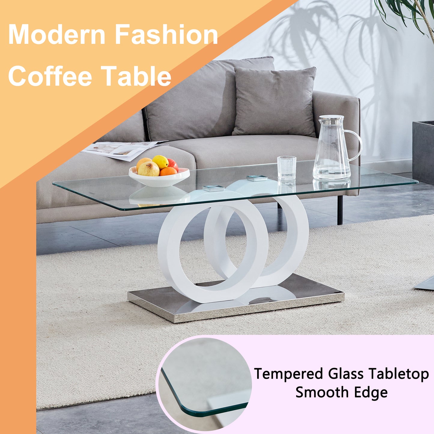 Modern Glass-Top MDF Coffee Table with White Base - 47.2x25.6x17.8 Inches