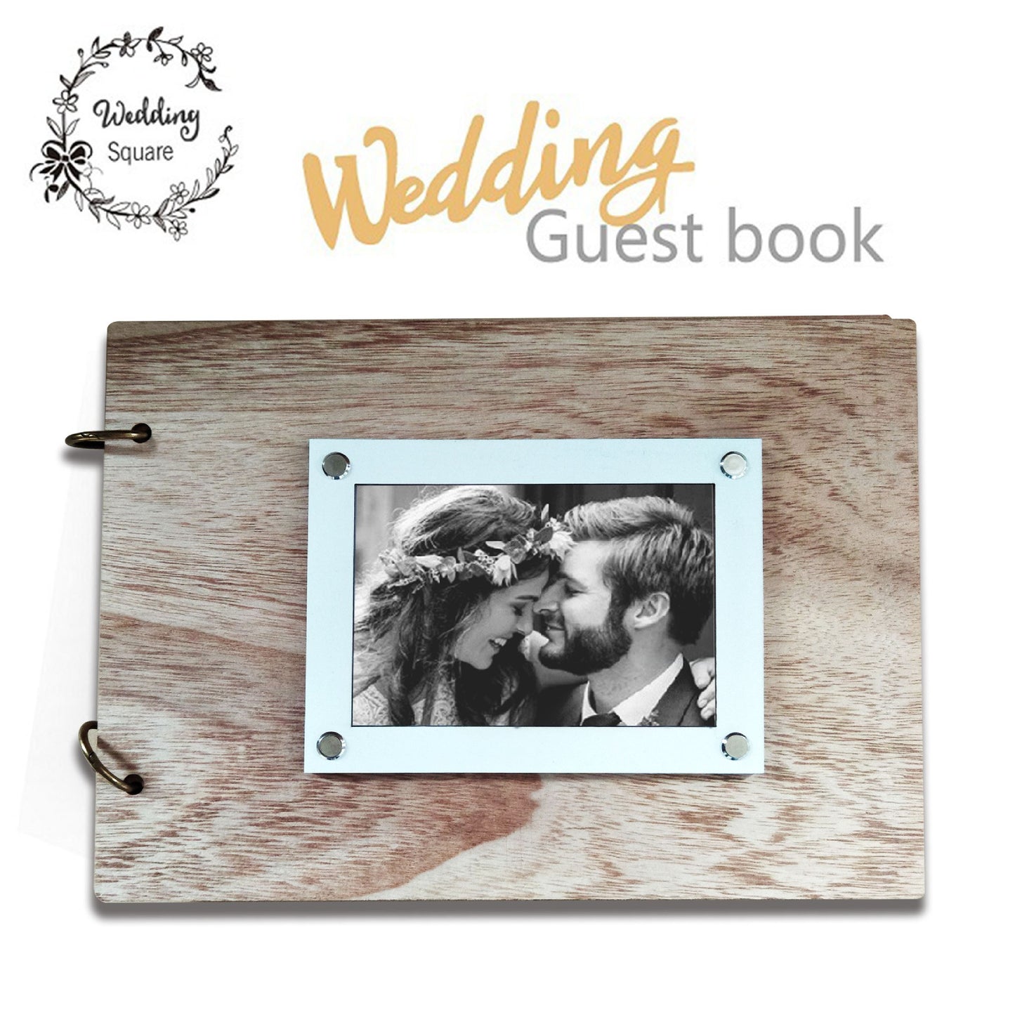 Vintage Copper Ring-Bound Wedding Guest Book with Photo Frame - Rustic & Elegant Keepsake
