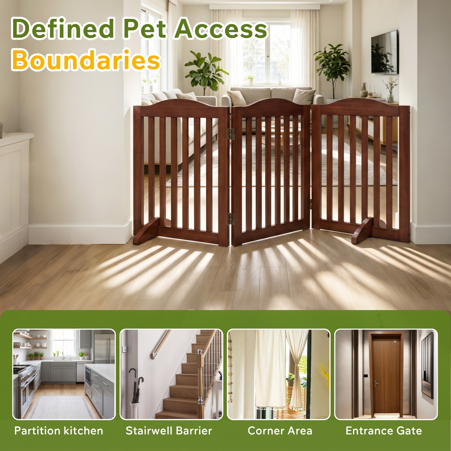 Wooden Freestanding Foldable Dog Gate - 24 Inch, 3 Panels, Room Divider
