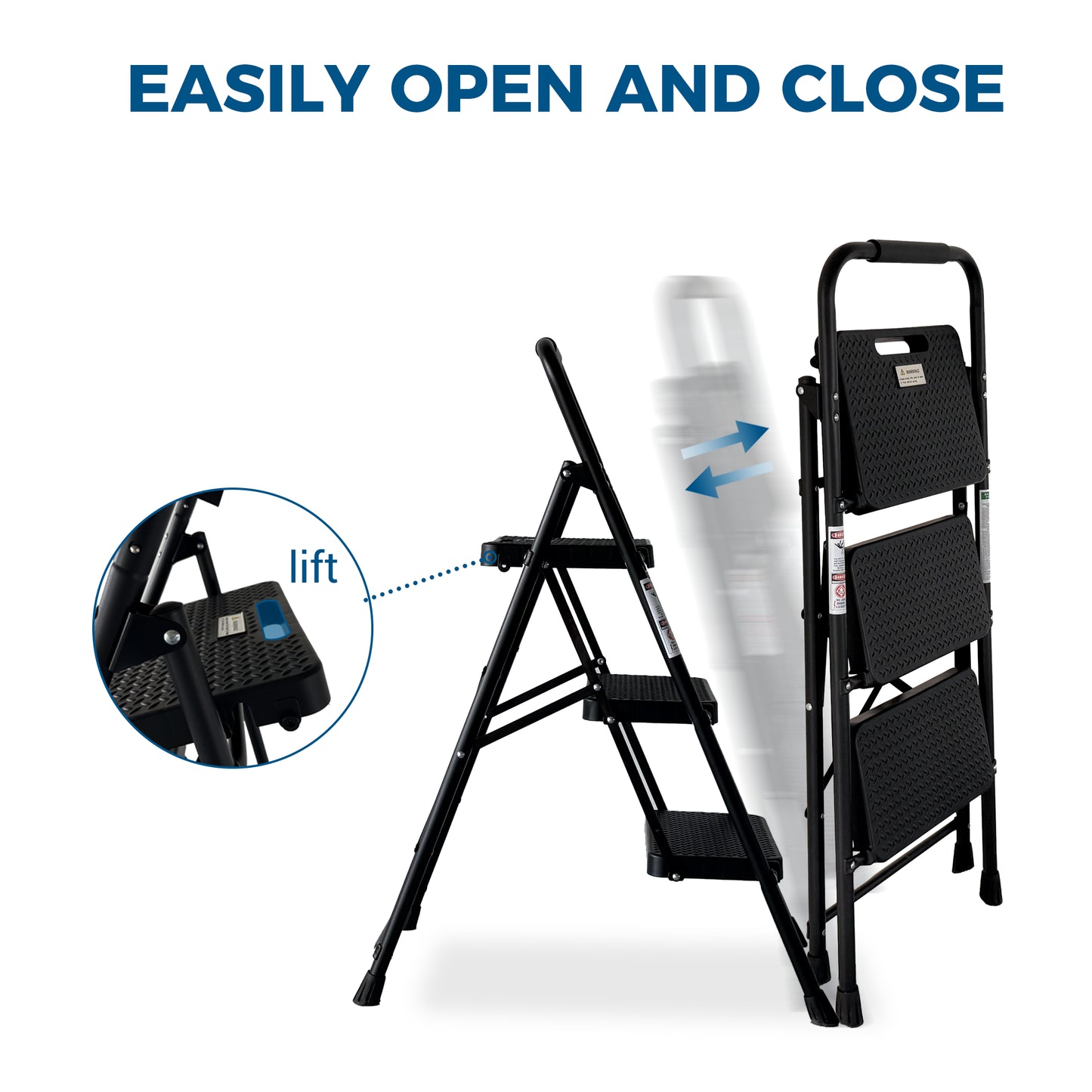 Folding Step Ladder with Anti-Slip Pedals - Portable Steel Stool, Black