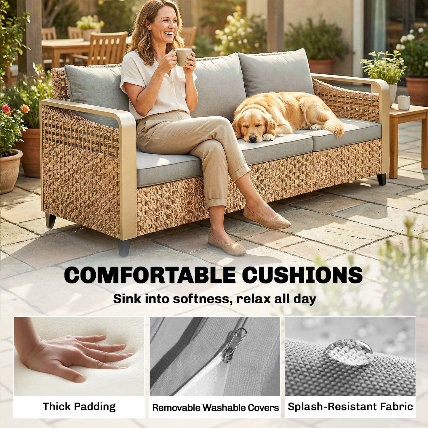 3-Seater Outdoor Rattan Wicker Sofa with Cushions - Gray