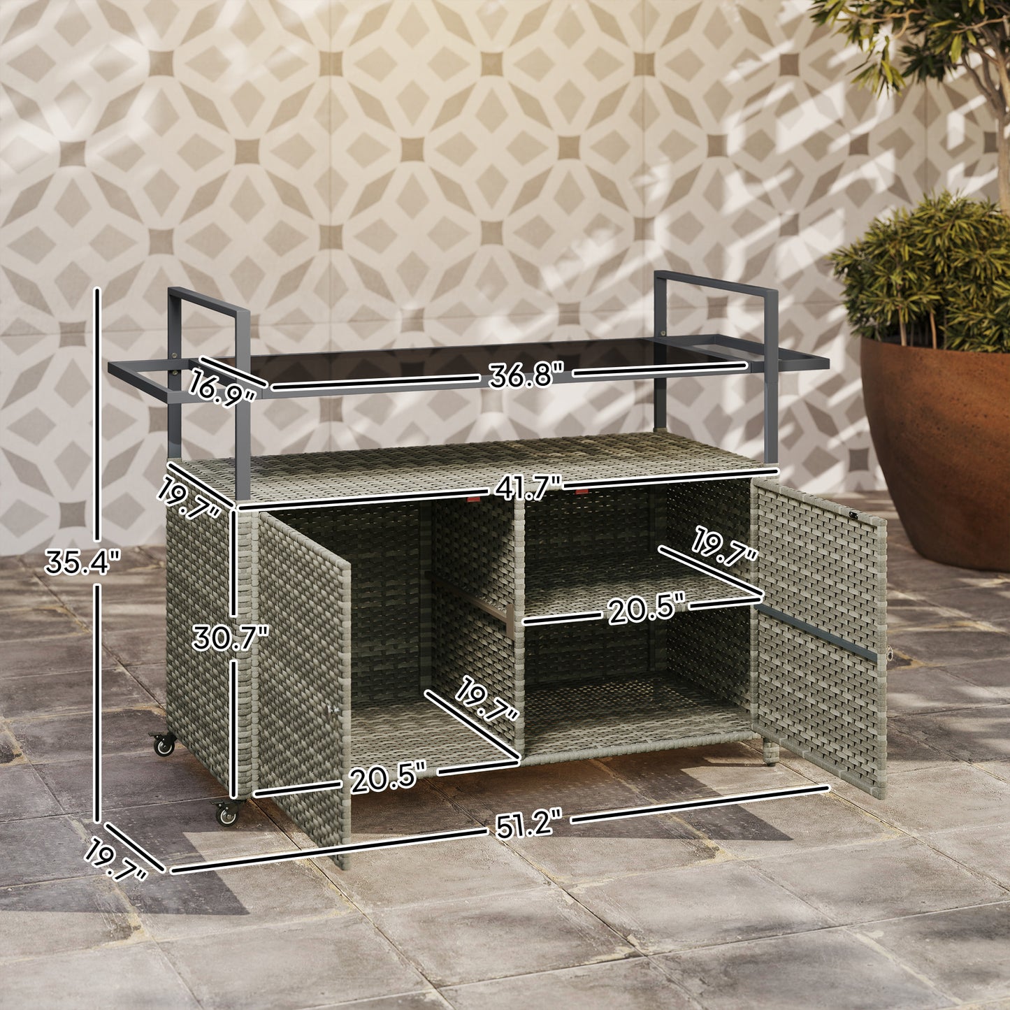2-Tier Shelf PE Rattan Outdoor Bar Table, Glass Top Serving Cart With