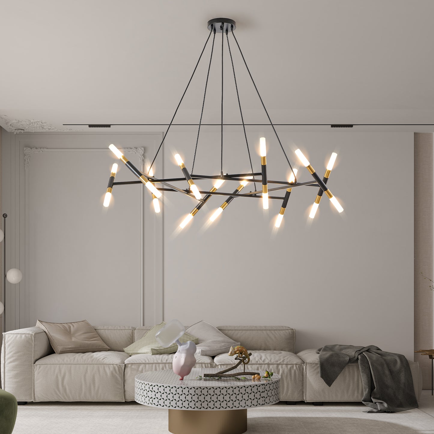 Modern Black & Gold Chandelier Light Fixture - Adjustable Pendant