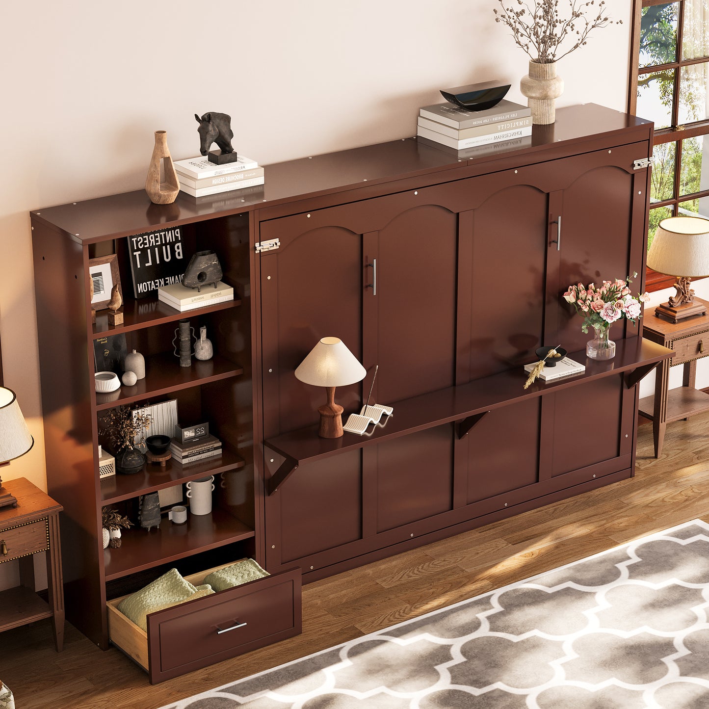 Queen Size Murphy Bed With Height Adjustable Storage Compartments And