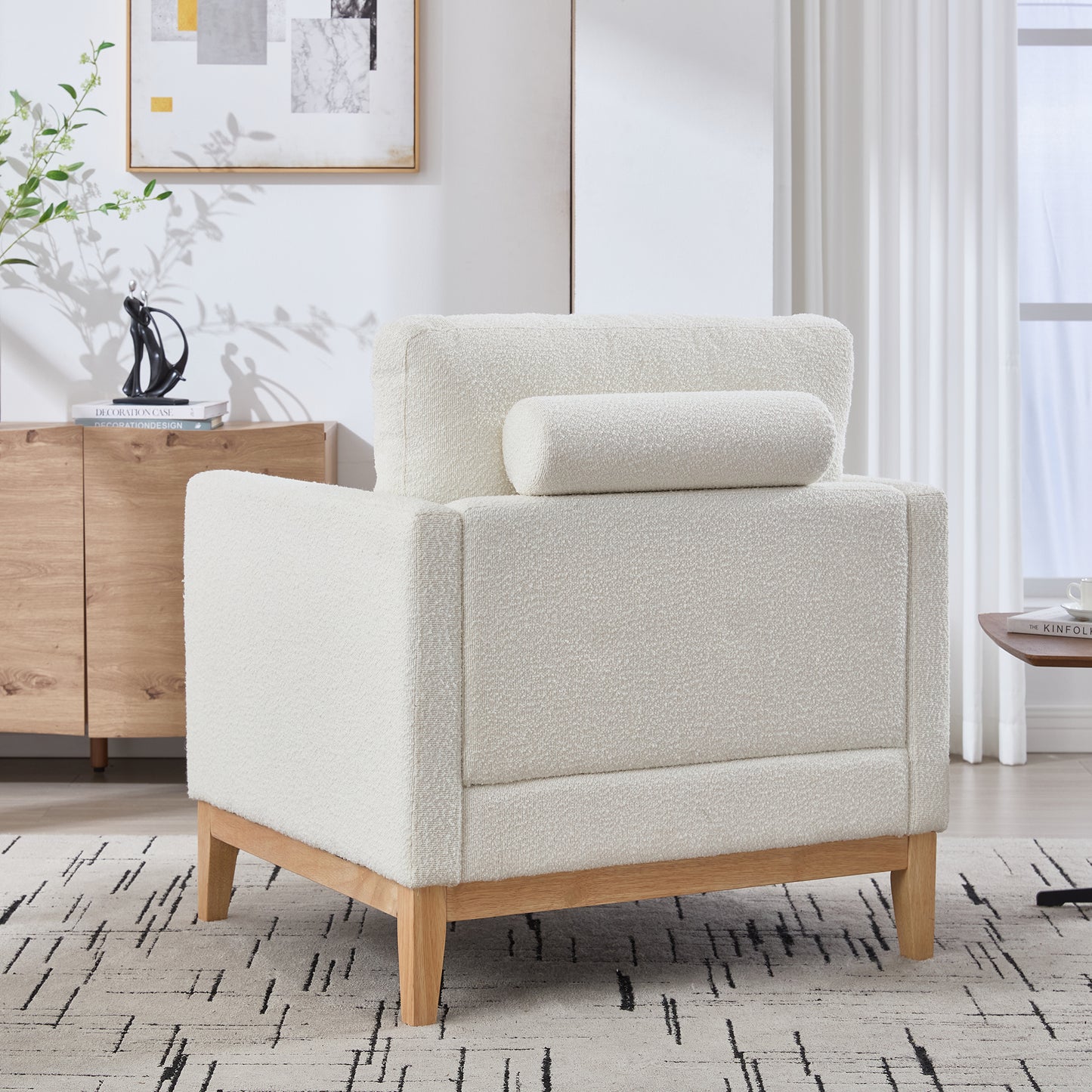 Modern Farmhouse Accent Chair with Wood Legs & Bolster Pillows - Ivory