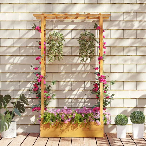 70-Inch Tall Pine Wood Garden Bed with Trellis & Flat Roof for Climbing Plants