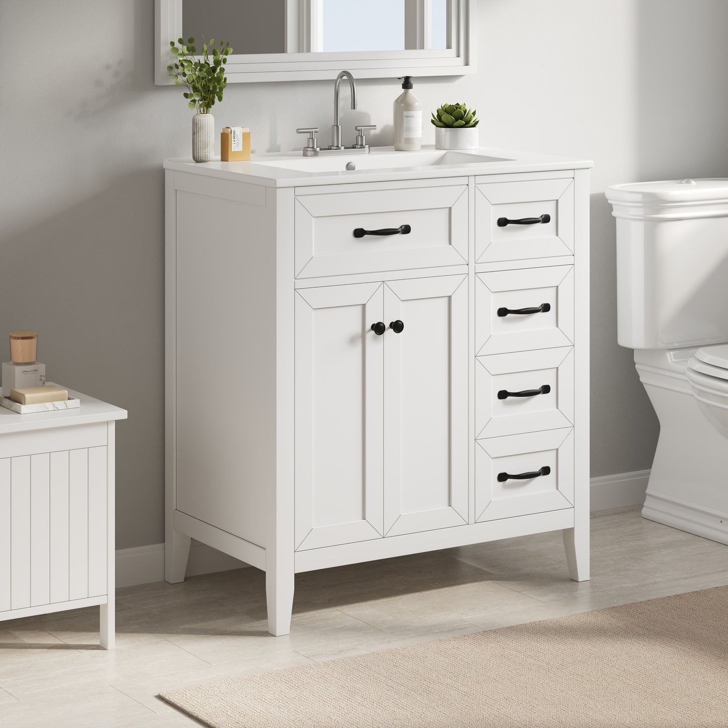 30" White Bathroom Vanity with Ceramic Sink & Soft-Close Drawers