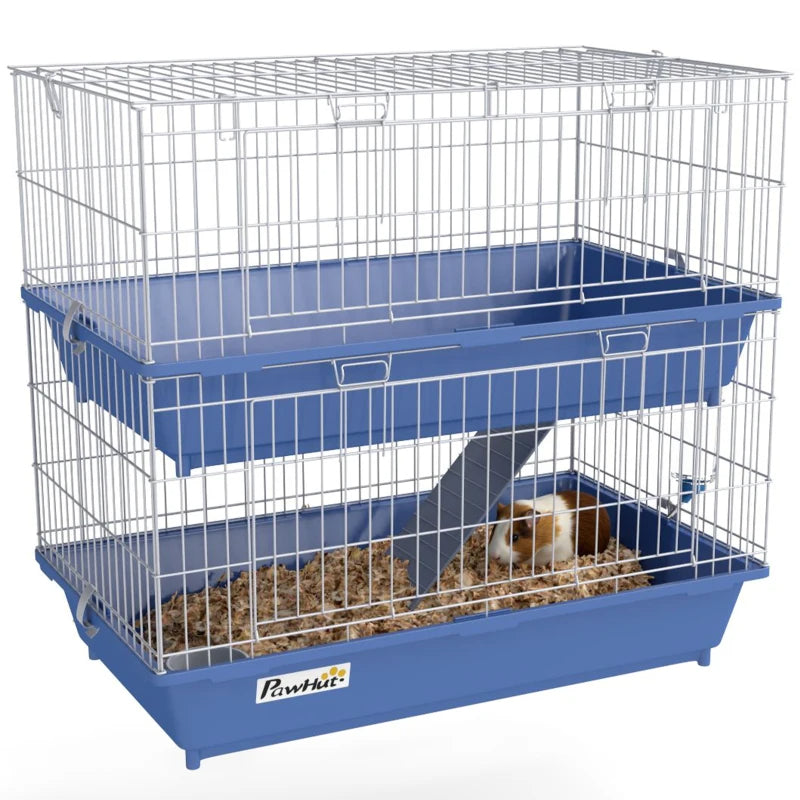 2-Tier Small Animal Cage with Ramp and Accessories - Indoor Guinea Pig, Chinchilla, Ferret Habitat in Blue & Gray