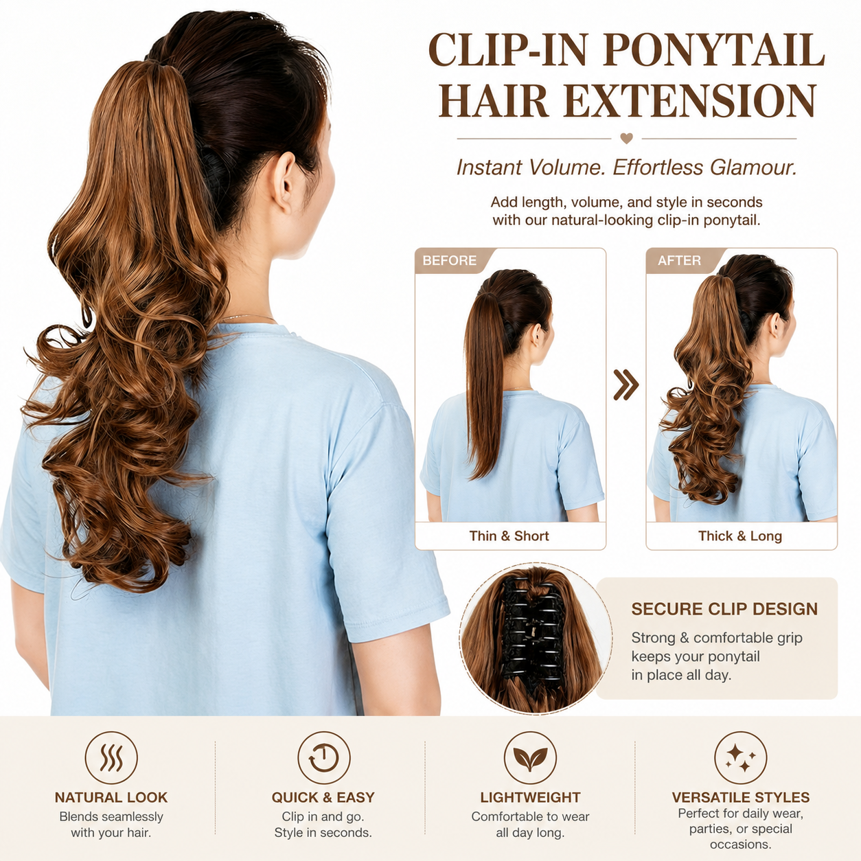 22-Inch Wavy Curly Clip-In Ponytail Extension - Synthetic Hairpiece