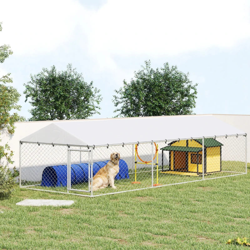 Large Outdoor Dog Kennel with Waterproof Roof, Galvanized Steel Frame, Silver