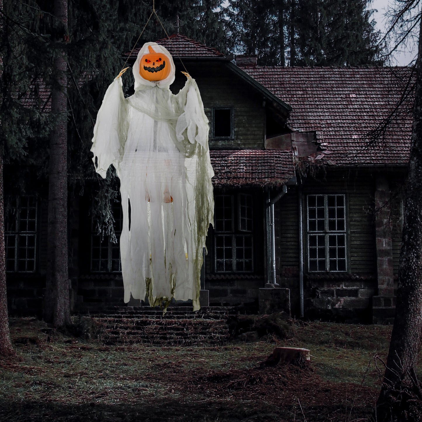 Sound Activated Halloween Pumpkin Ghost Prop with Light Up Eyes