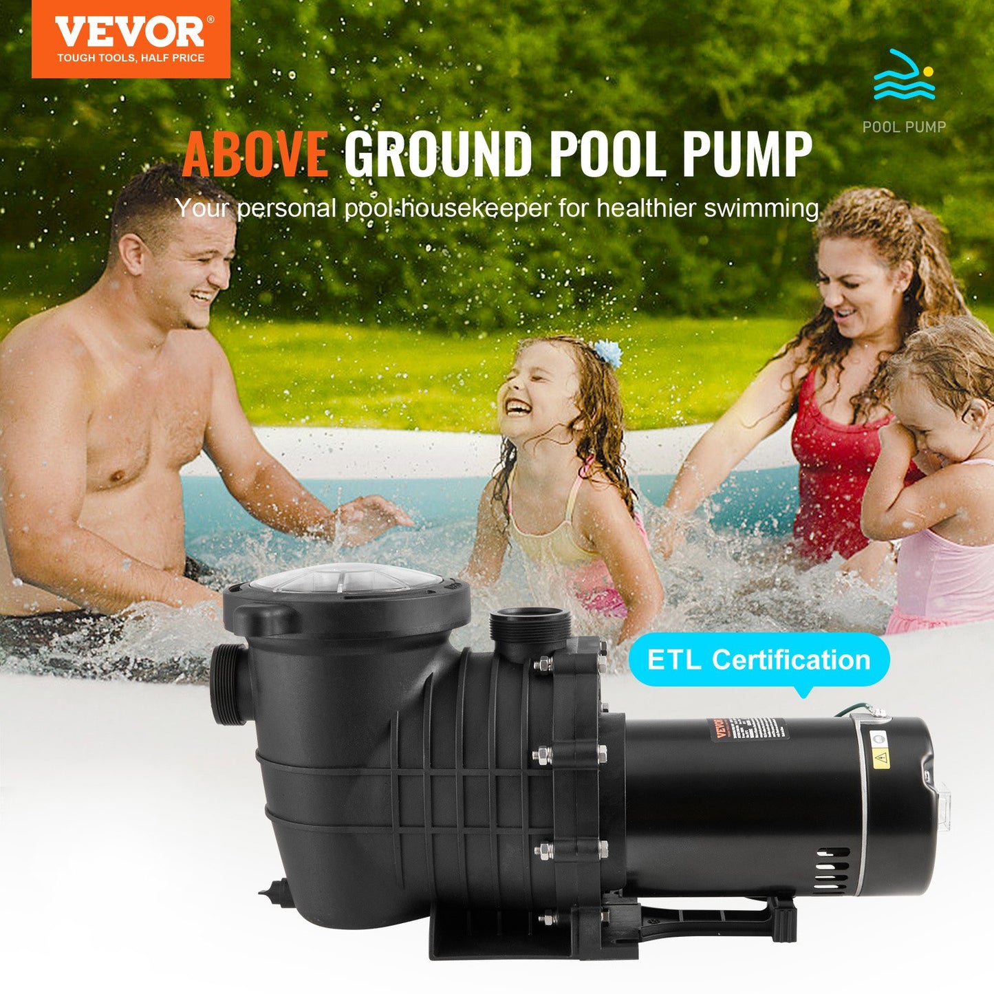 1HP Above Ground Pool Pump with Filter Basket - 80 GPM, 110V/240V, Black