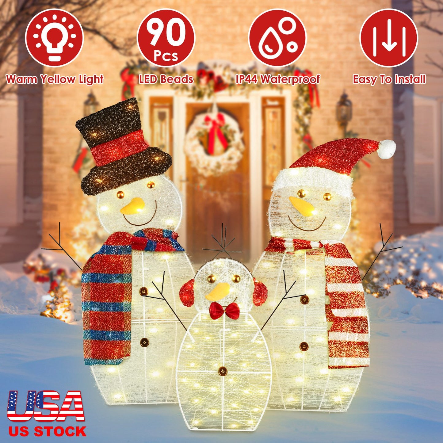 Christmas Snowman Family Yard Decoration with LED Lights - 3 Pcs