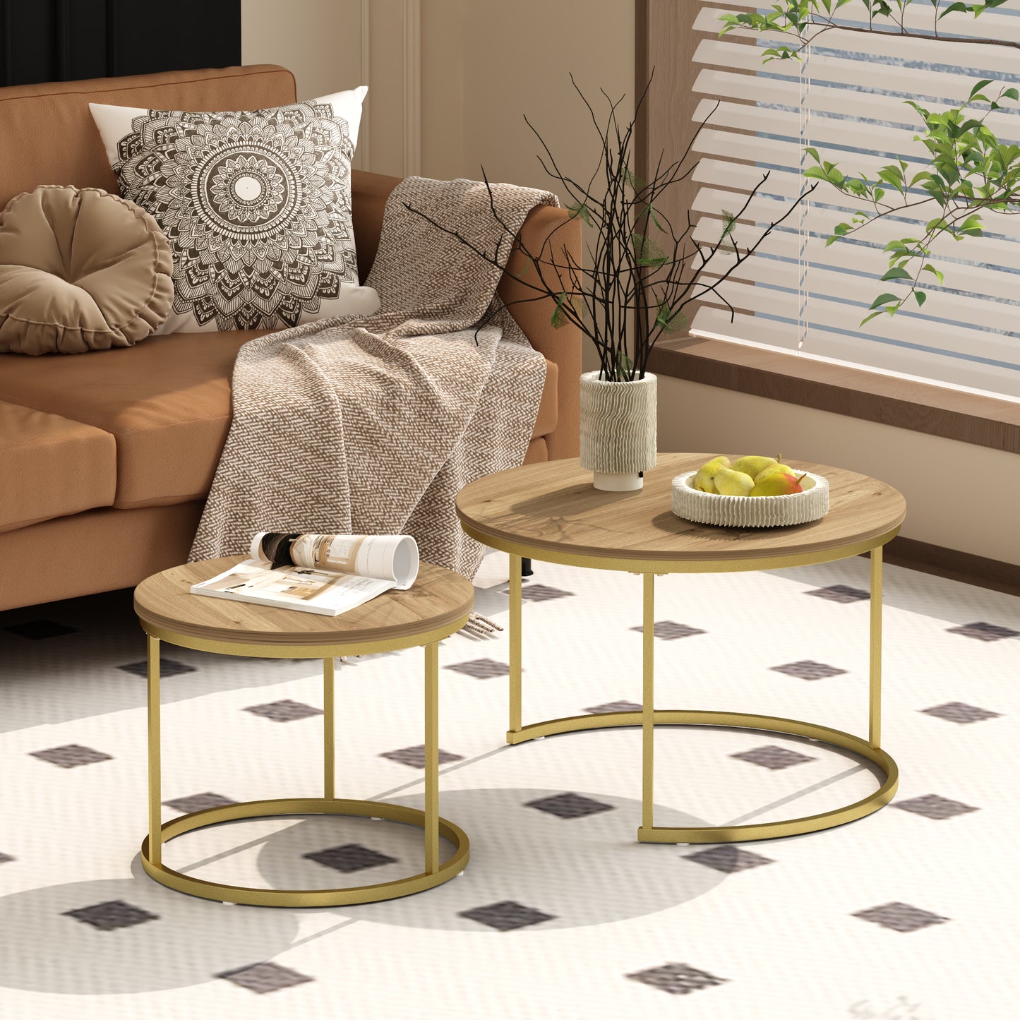 Nesting Coffee Table Set of 2 - Round Wood & Metal - Brown+Gold