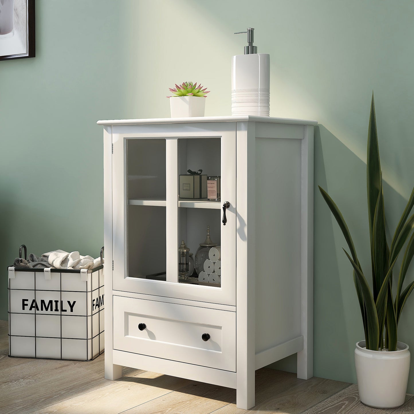 Buffet Storage Cabinet with Glass Doors & Bell Handle - White