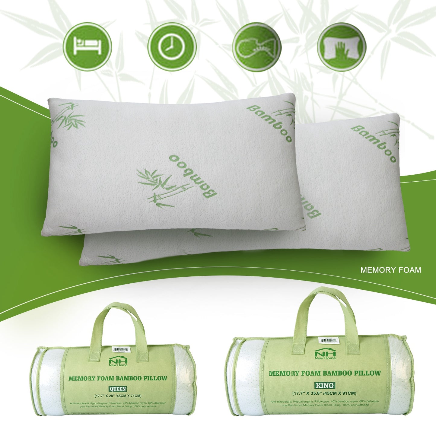 Bamboo Memory Foam Pillow - Hypoallergenic & Washable Cover