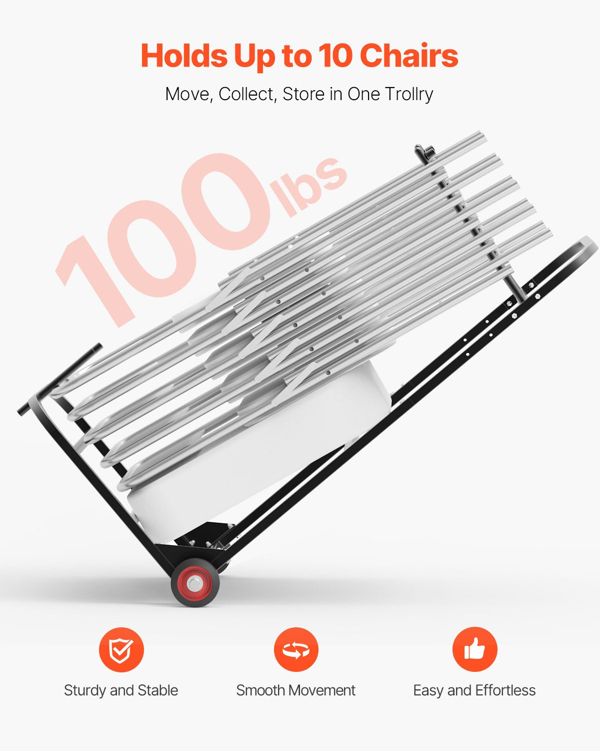 Folding Chair Storage Cart for 10 Chairs - Heavy Duty Dolly with Rubber Wheels
