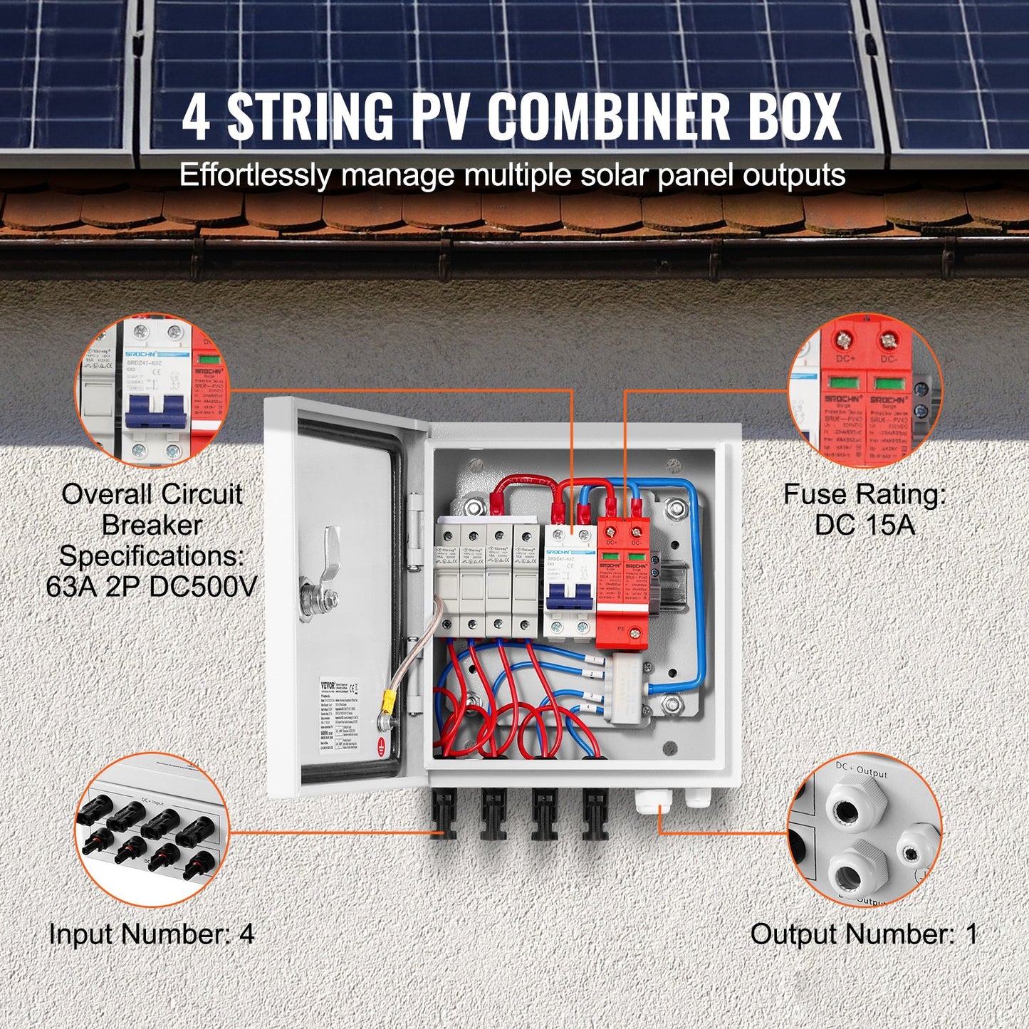 Solar PV Combiner Box 4 String 15A IP65 Waterproof Steel Case for Solar Systems