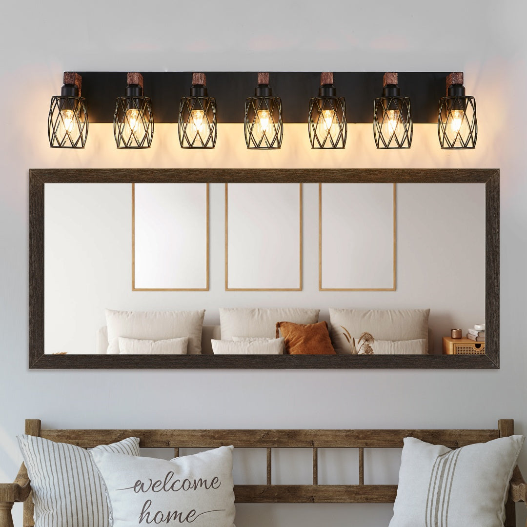 Vintage Industrial 7-Light Wall Sconce - Black Cage & Wood Accents
