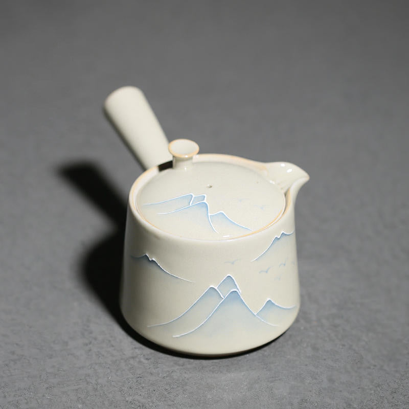 Hand-Painted Ceramic Tea Stove with Side Handle and Landscape Design