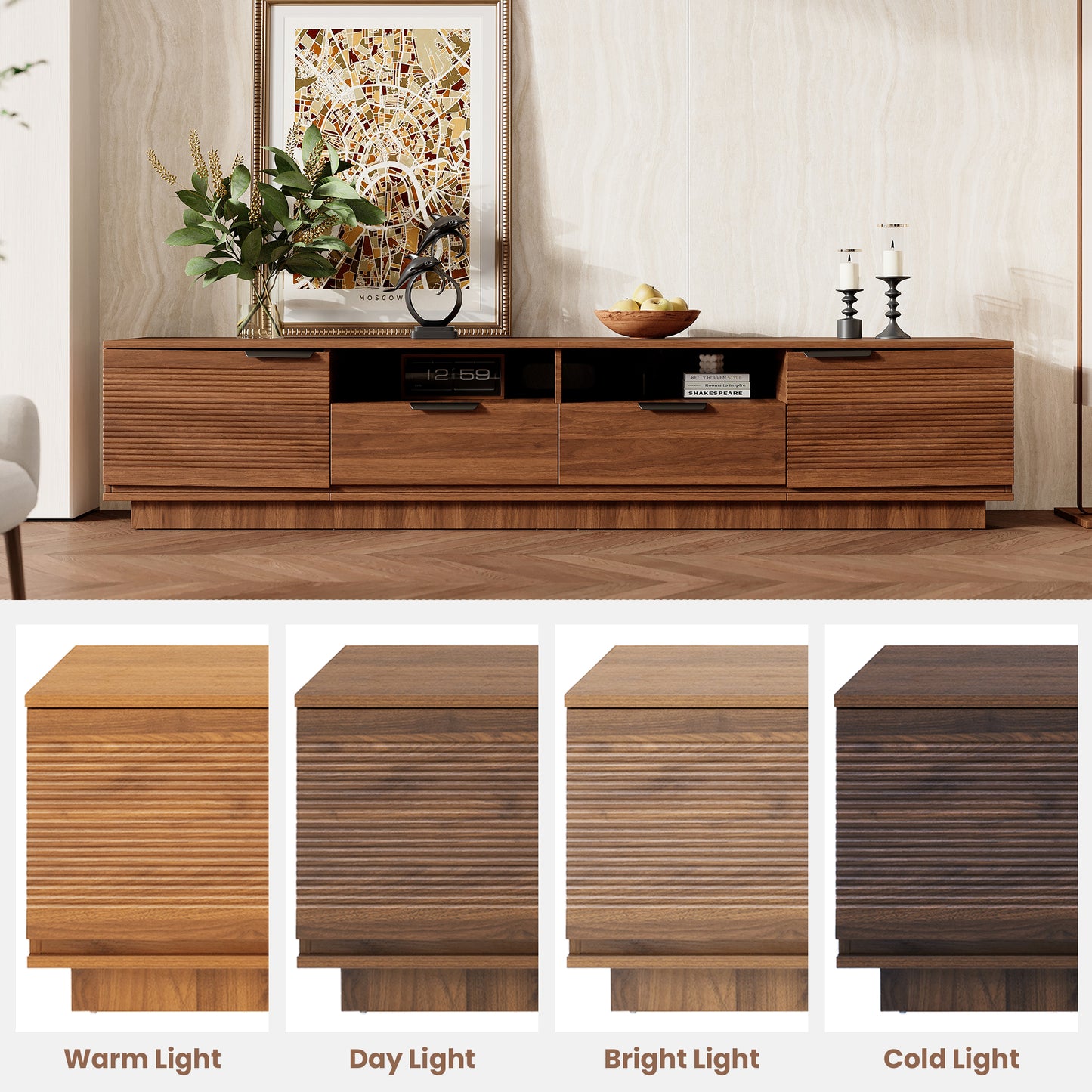 78 Inch Modern TV Stand for 85 Inch TVs - Walnut Finish