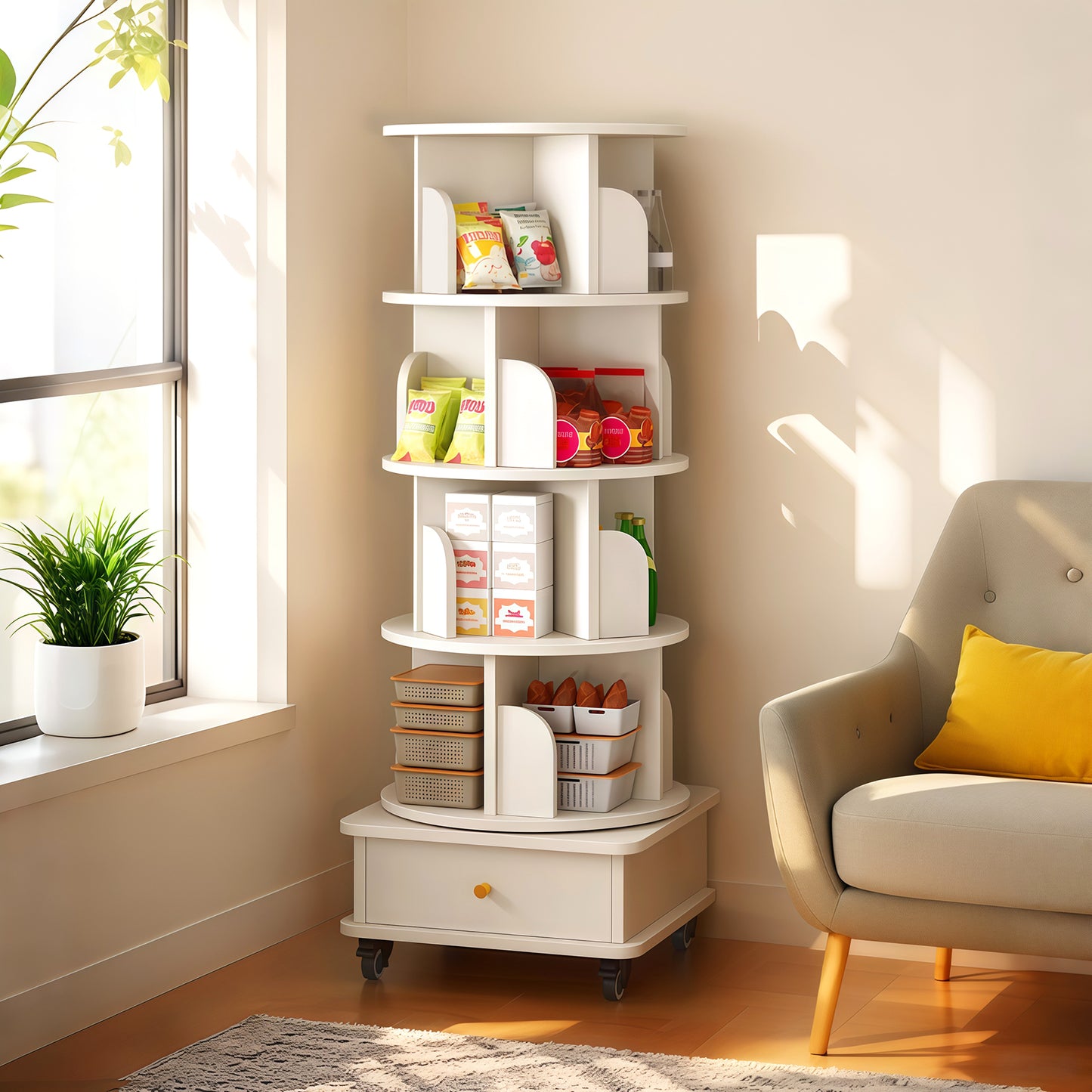 5 Tier Rotating Bookshelf, Display Round Spinning Bookshelf With