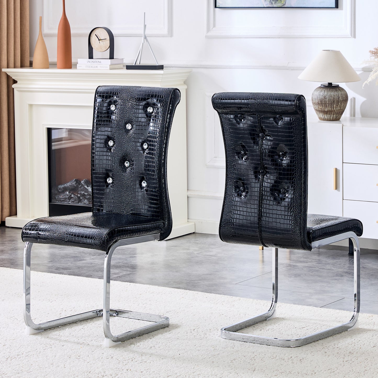 Set Of 2,Retro Alligator Skin Upholstered Dining Chairs,with Crystal