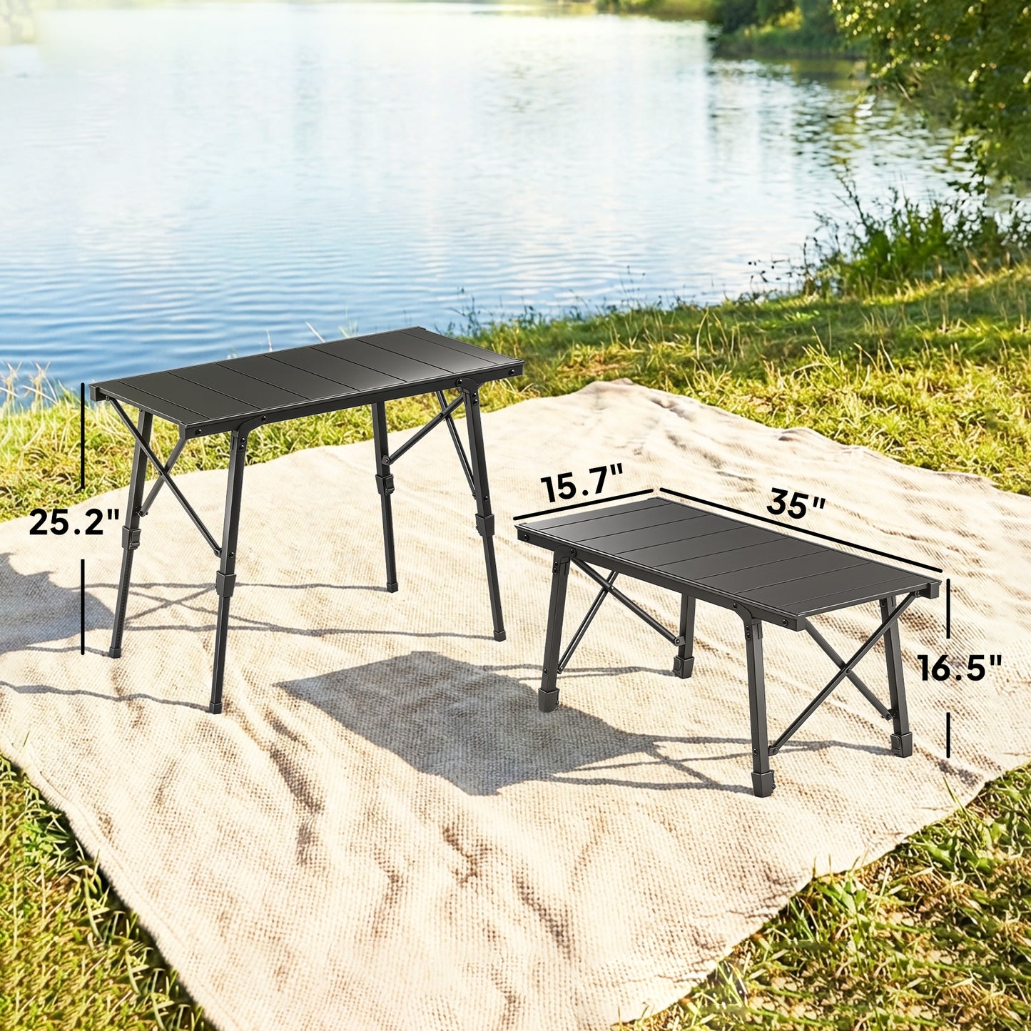Adjustable Height Folding Picnic Table - Black Aluminum Camping Table