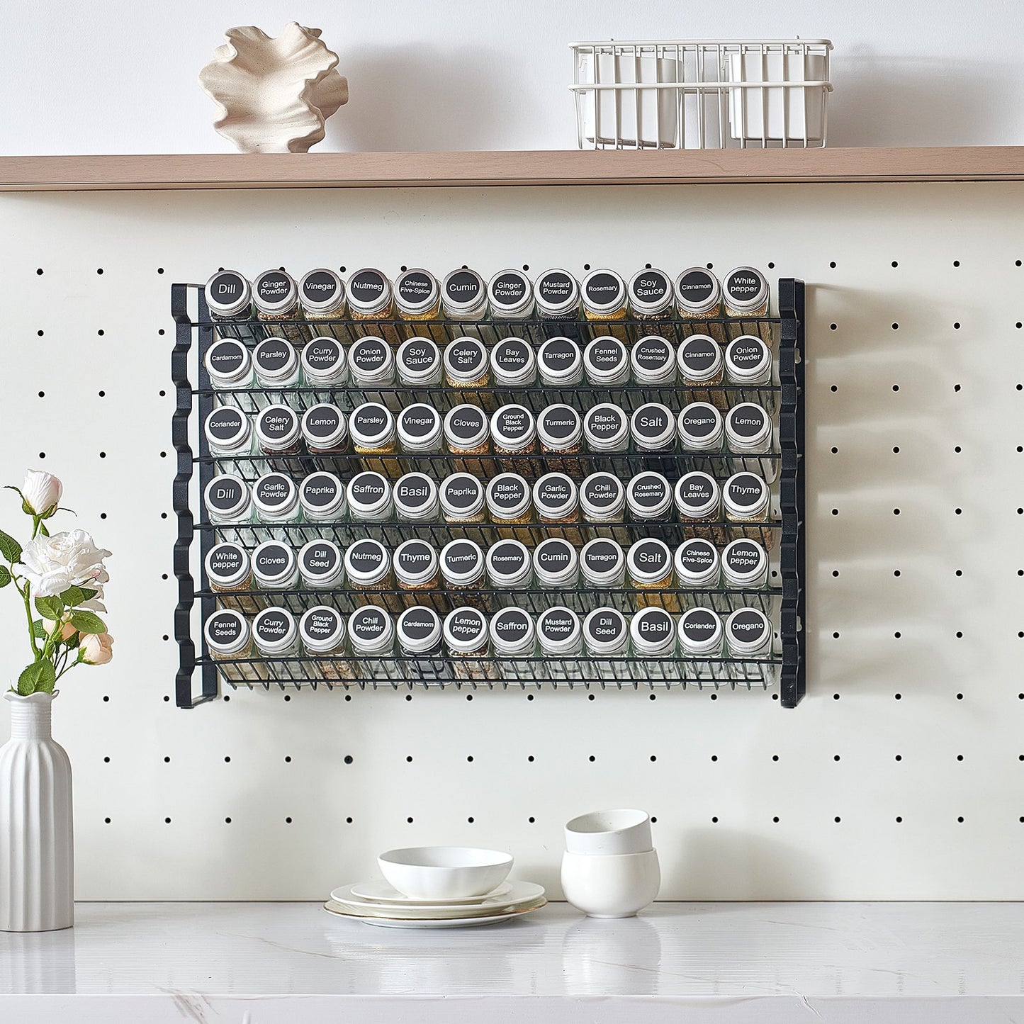 Spice Rack Organizer with 72 Glass Jars - Wall Mounted Storage Set