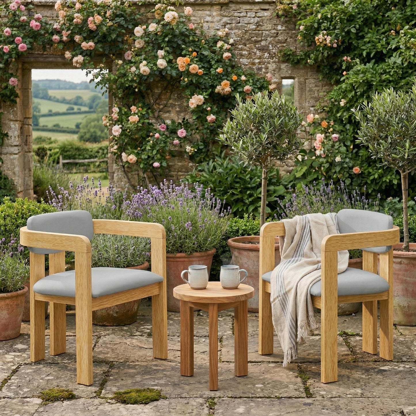 Set Of 2 Outdoor Acacia Wood Dining Chairs With Cushions, Modern
