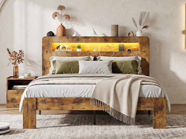 Queen Size Bed Frame with Storage & Charging Station - Rustic Brown