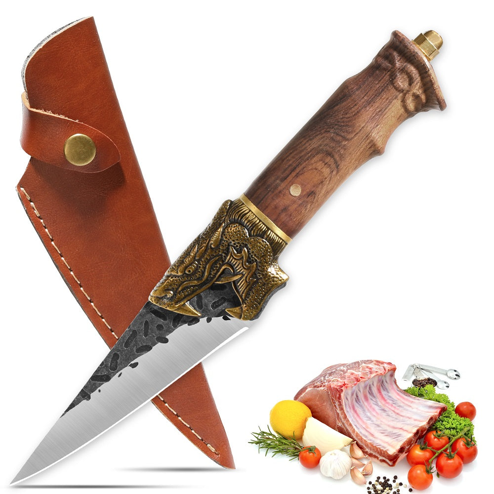 Hand Forged Camping Knife with Dragon Head Handle & Leather Sheath