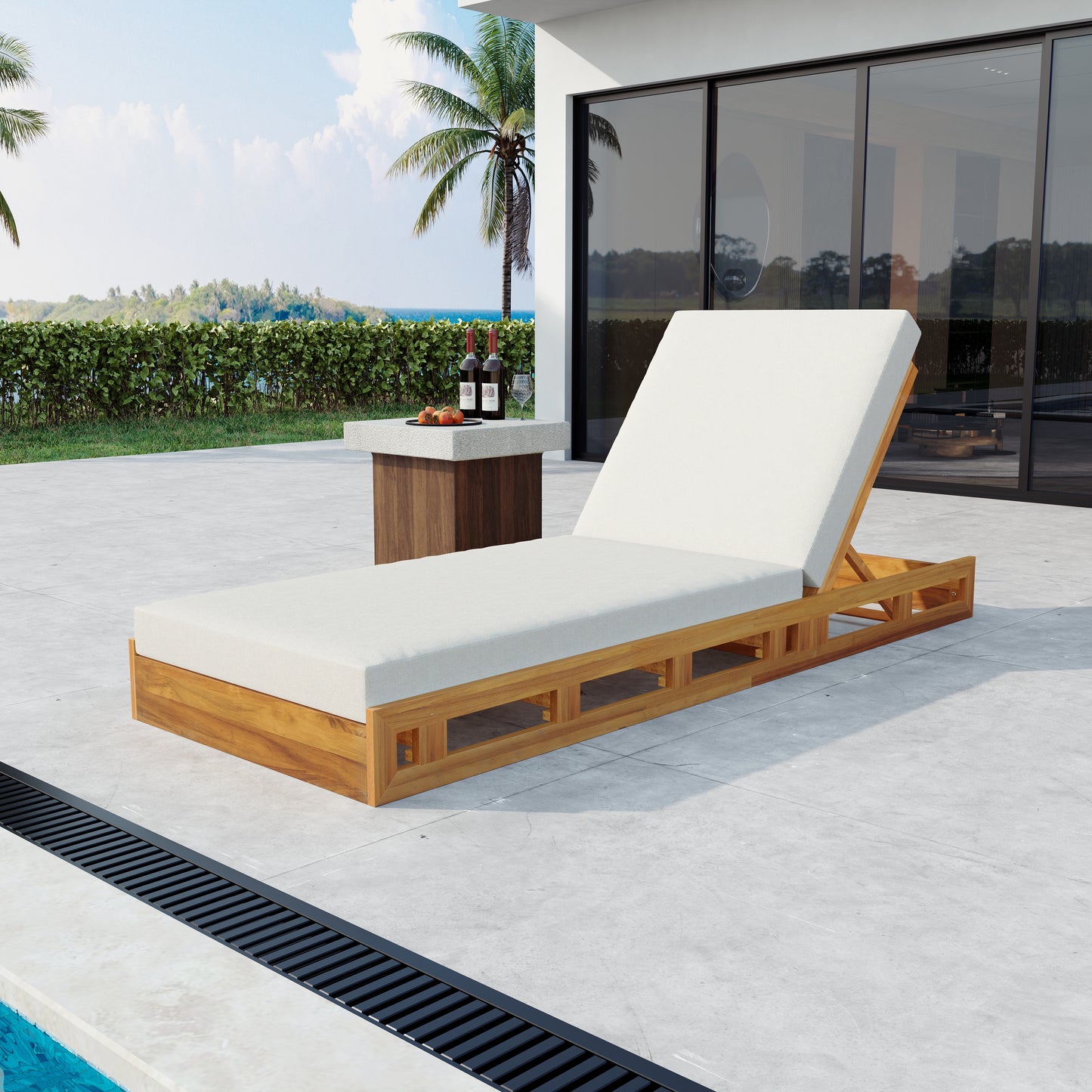 Acacia Wood Lounge Chaise Set with Water-Resistant Cushions - Cream
