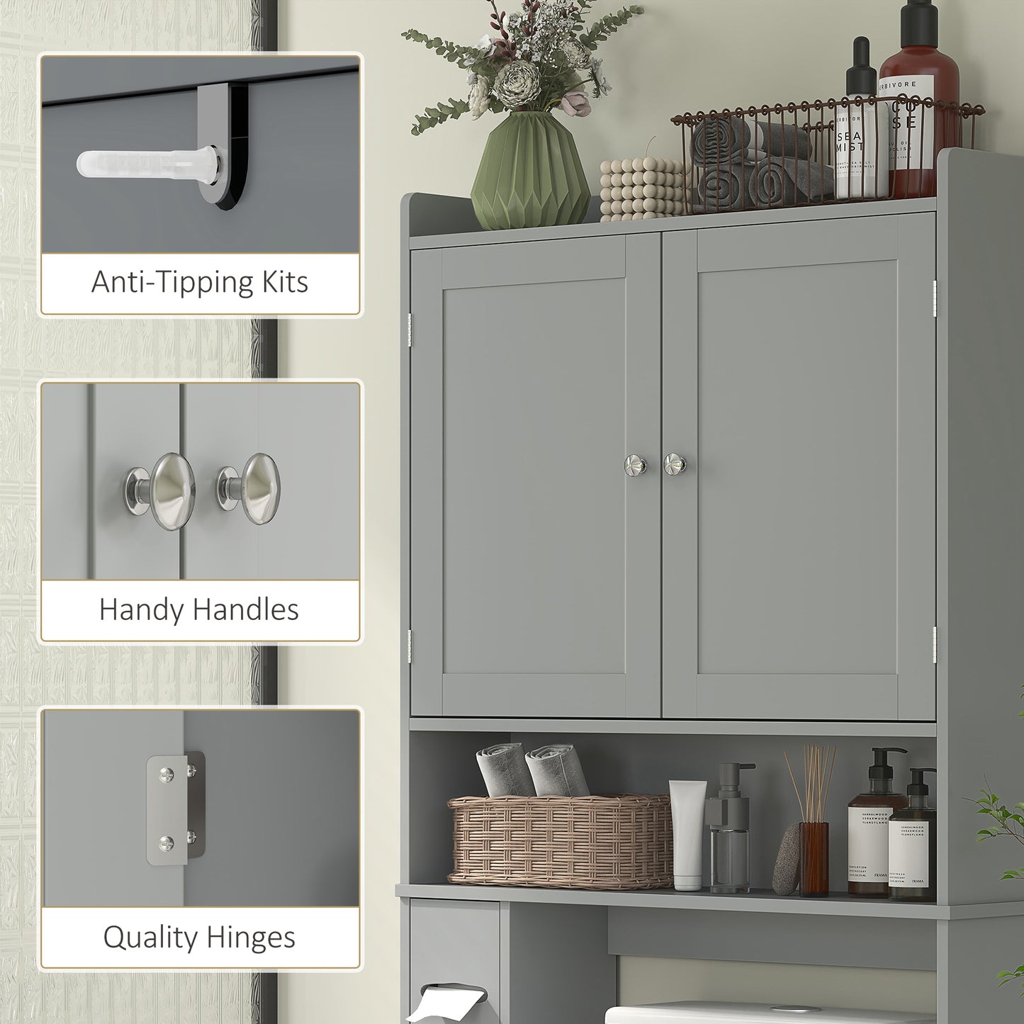 Over The Toilet Storage Cabinet with 2 Doors and Tissue Holder - Gray