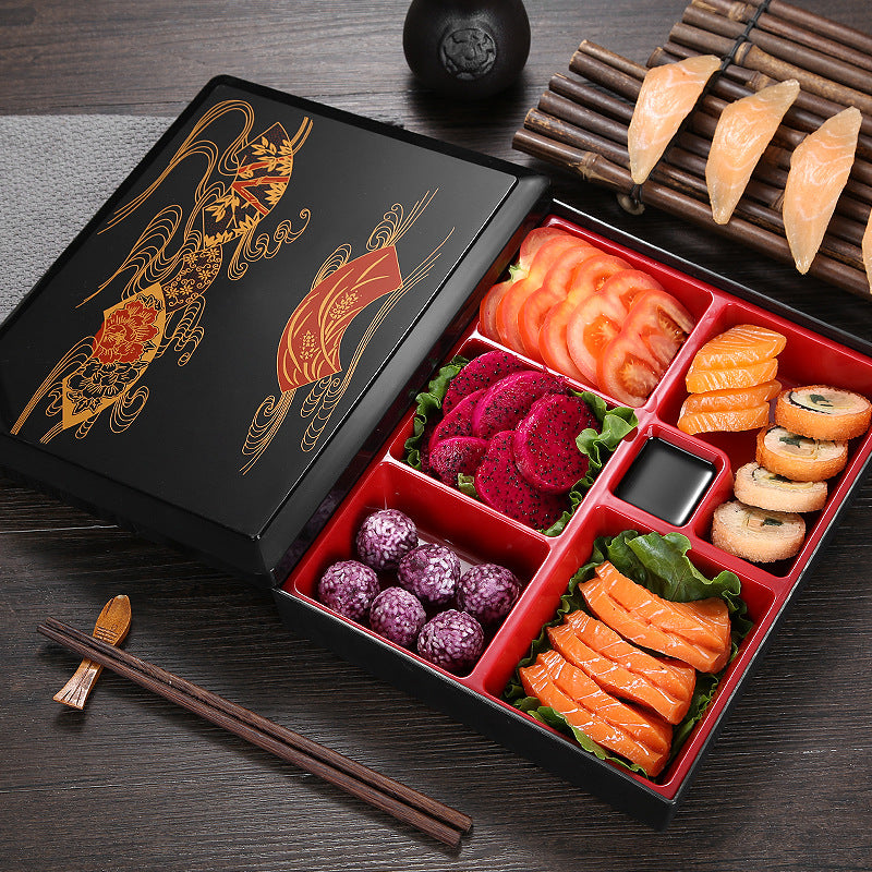 Japanese Style Wooden Grain Plastic Lunch Box with Divided Compartments