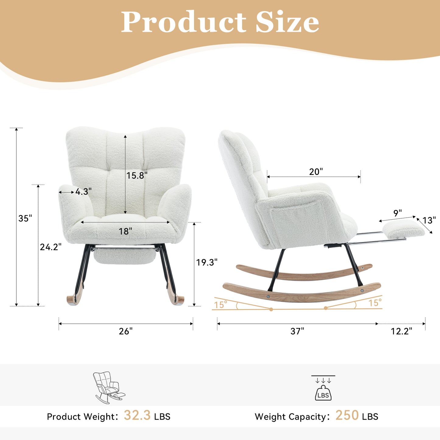 Teddy Fabric Nursery Rocking Chair with Adjustable Footstool - Ivory