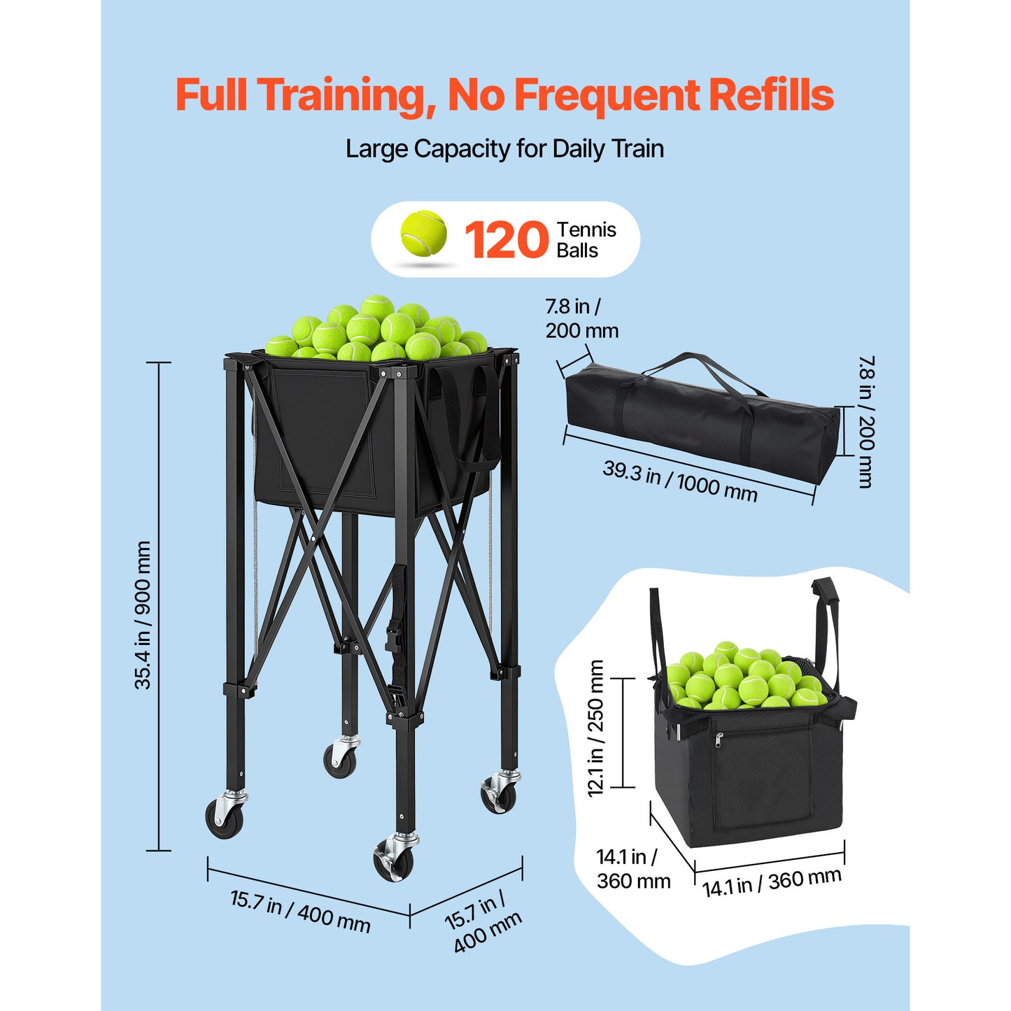 Tennis Ball Hopper Cart - Holds 120 Balls, Foldable, Portable with Wheels