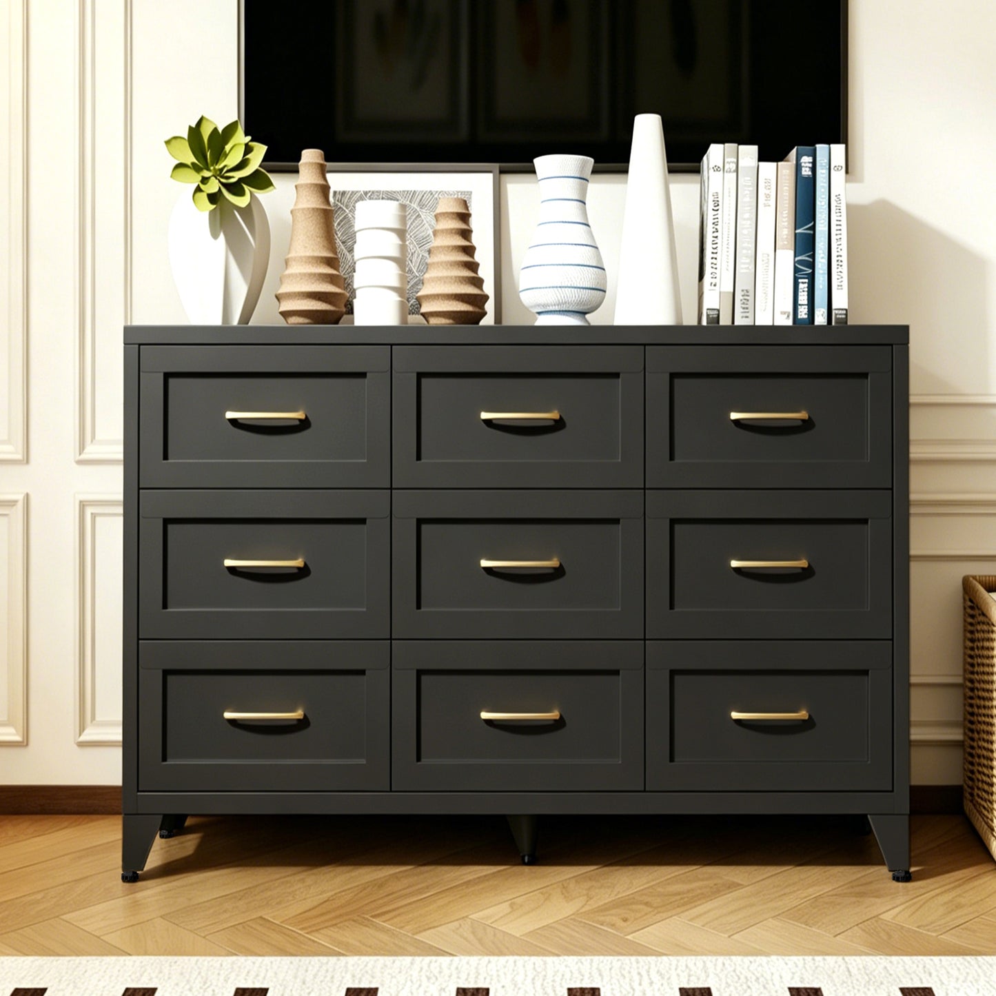 9-Drawer Metal Dresser for Bedroom - Black Storage Chest