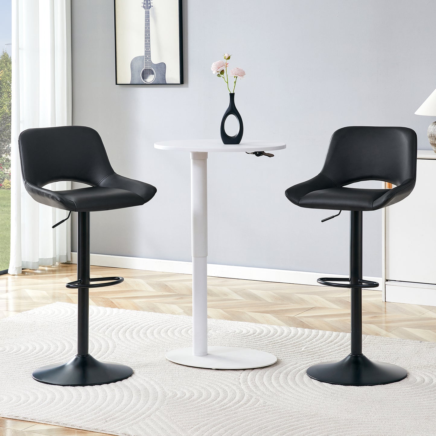 Modern Swivel Adjustable Bar Stools Set - 2 Pack, Black PU Material,