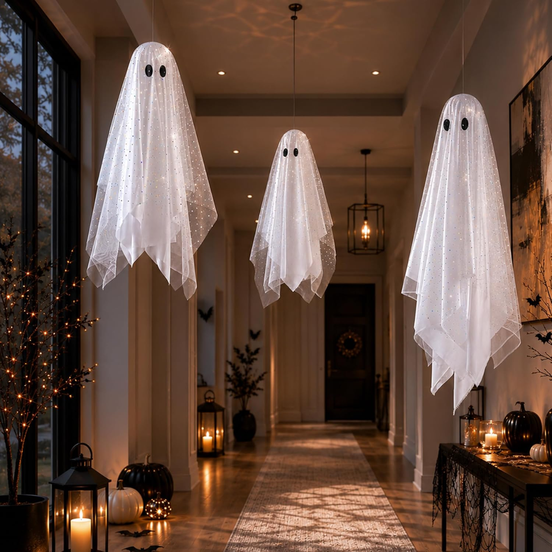3-Piece Hanging Ghost Decoration Set with Remote-Controlled Lights
