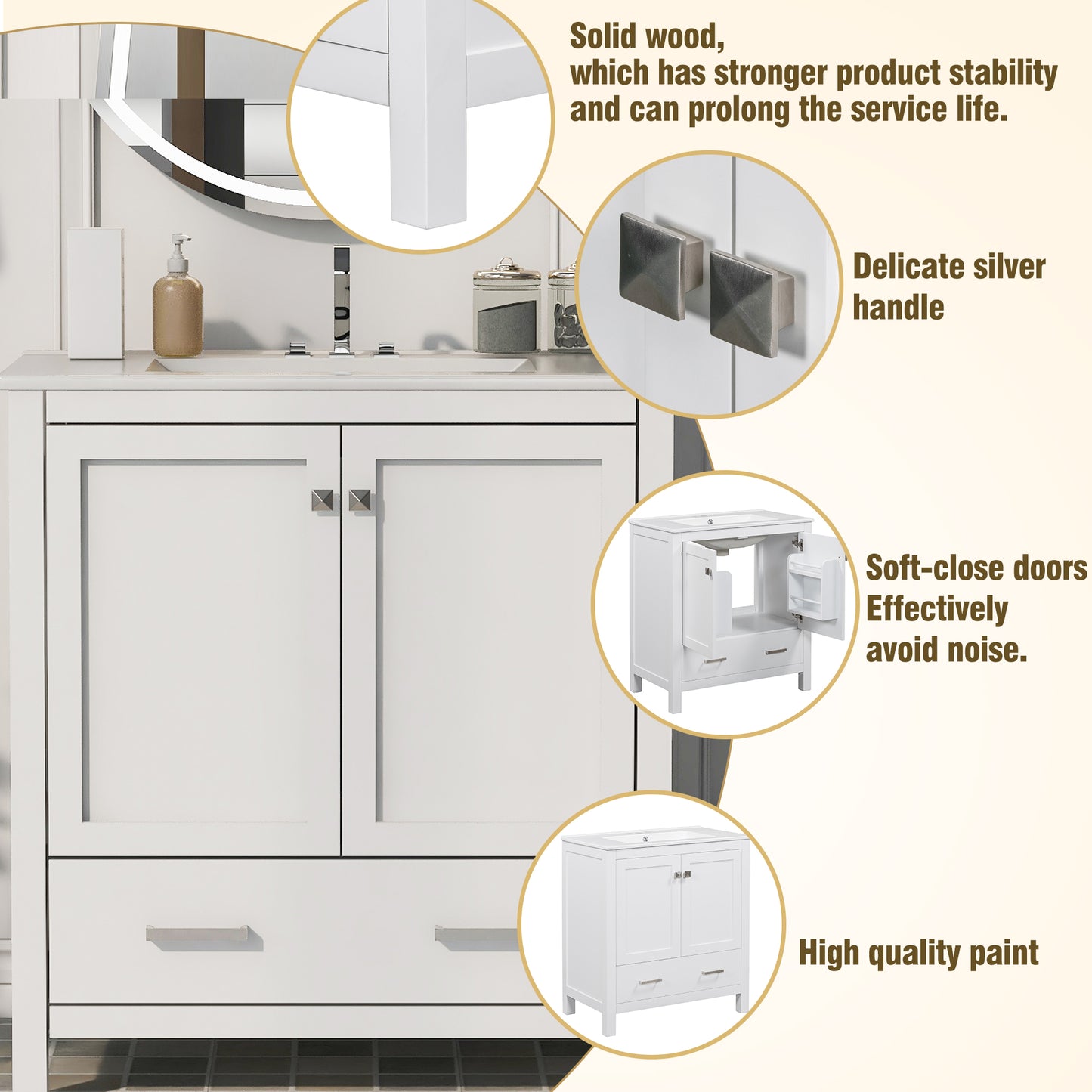 60" White Bathroom Vanity Set with Double Ceramic Sinks & Storage