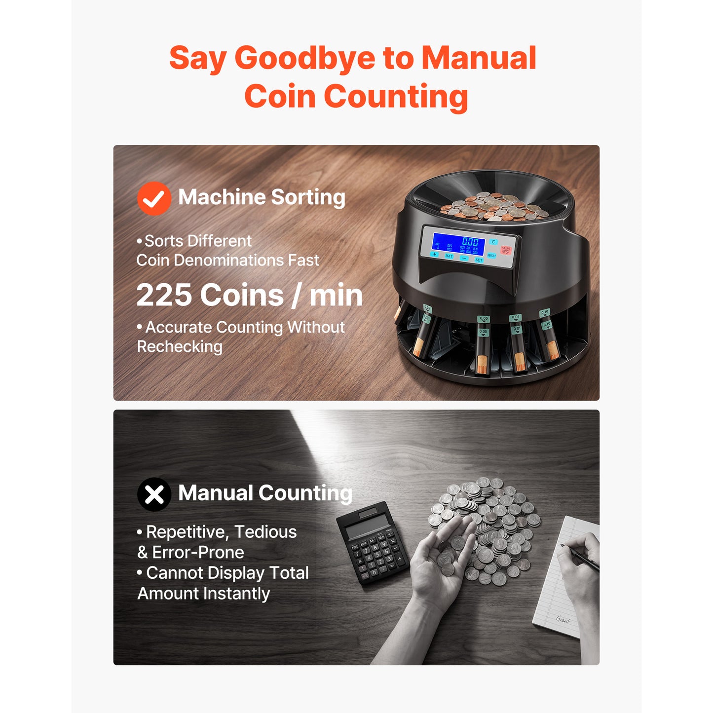 Coin Counter Machine for Coins, 5 Denominations, 225 Coins/Min, LCD Display, Batch Counting