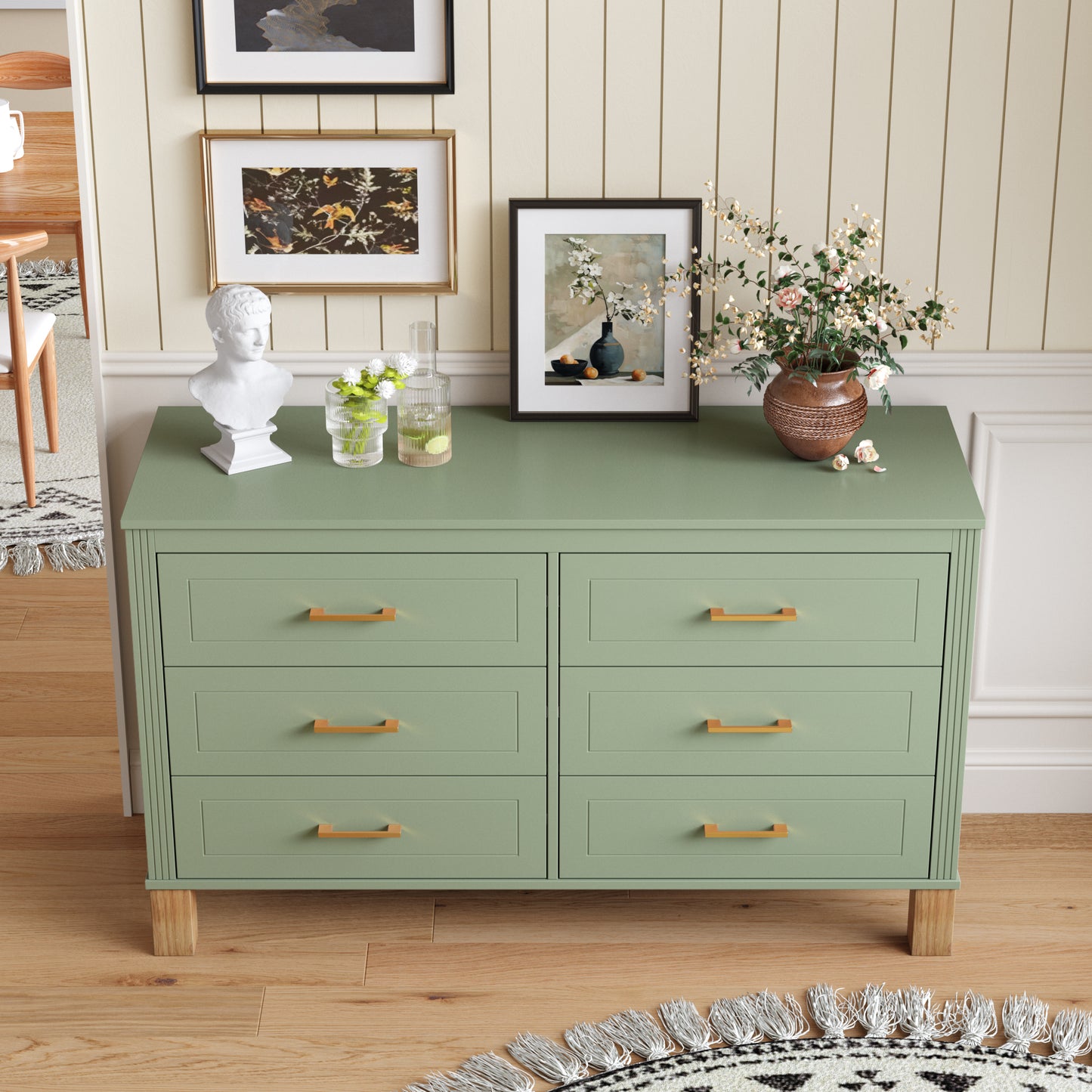 6-Drawer Double Dresser - Sage Green Modern Storage Cabinet