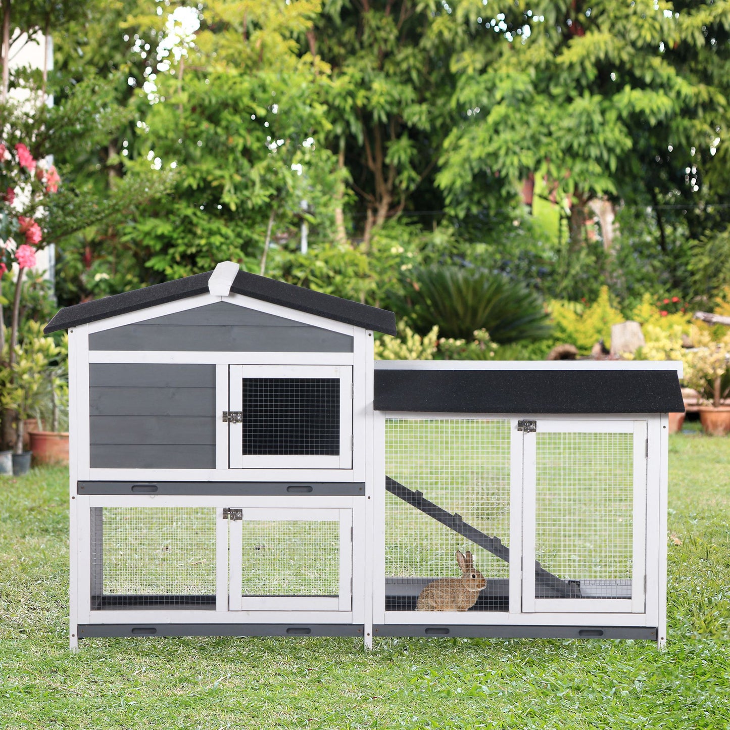 2-Tier Wooden Rabbit Enclosure with Ramp - Indoor Outdoor Pet House & Run